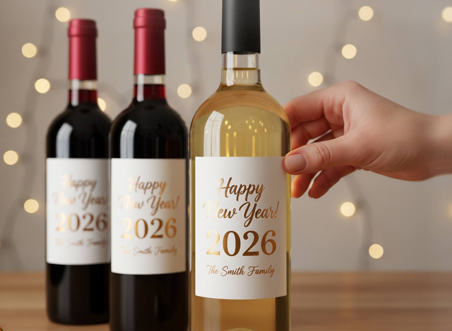 Three wine bottles with 'Happy New Year 2026' labels, one being held by a hand against a blurred light background.
