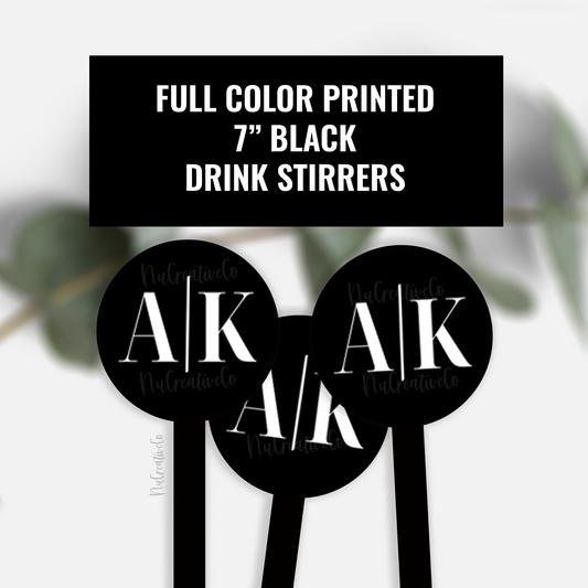 Full Color Printed Initial 7" Black Drink Stirrers